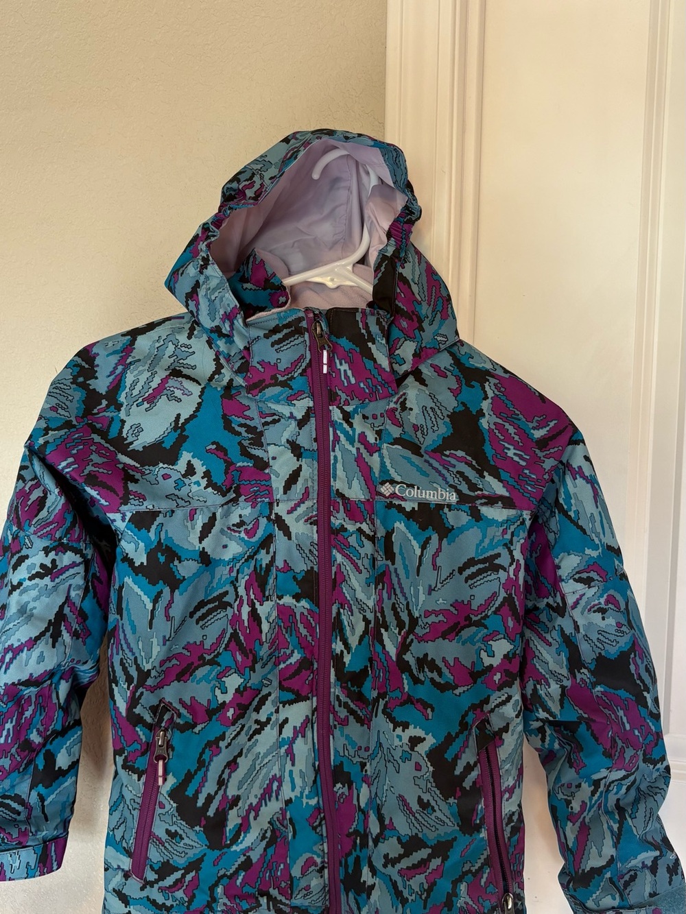 Columbia Teal, Purple & Black Abstract Print Hooded Puffer